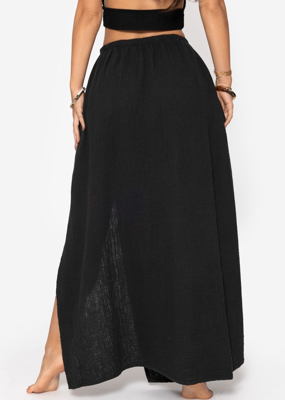 Long muslin skirt with high slit - black