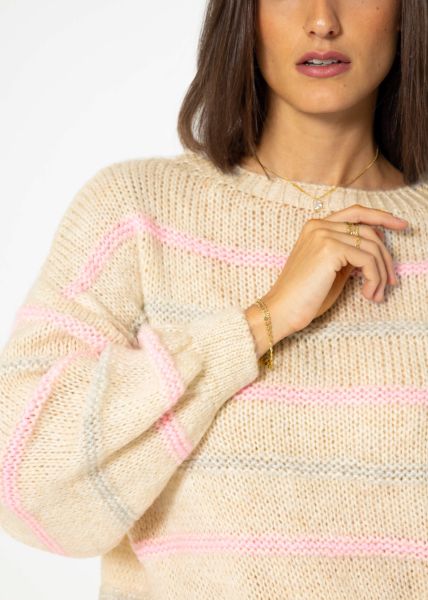 Knitted jumper with coloured stripes - light beige-pink-light grey