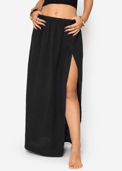 Long muslin skirt with high slit - black