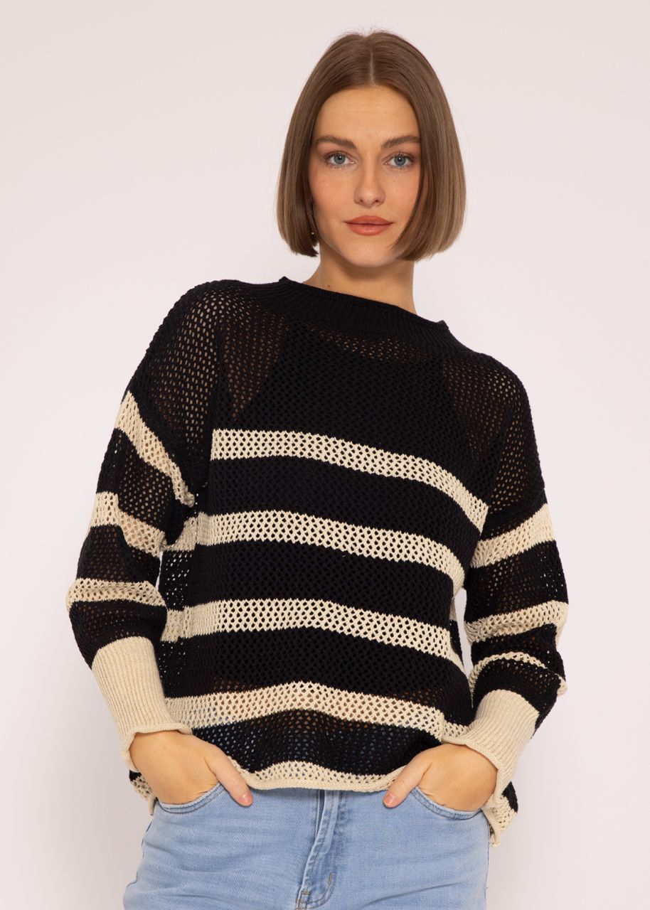 Striped mesh sweater, black/beige