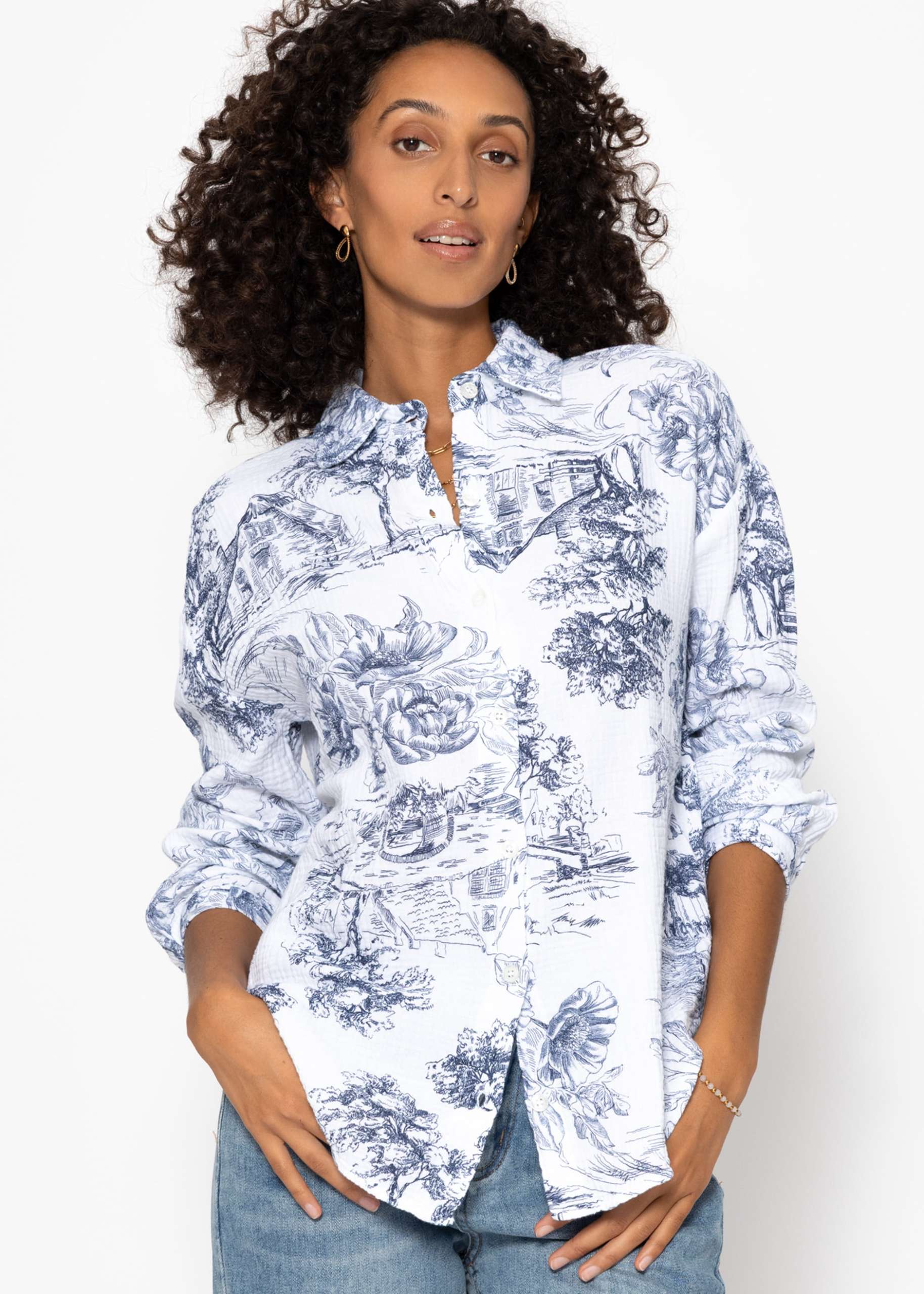 Oversize muslin blouse with print - dark blue