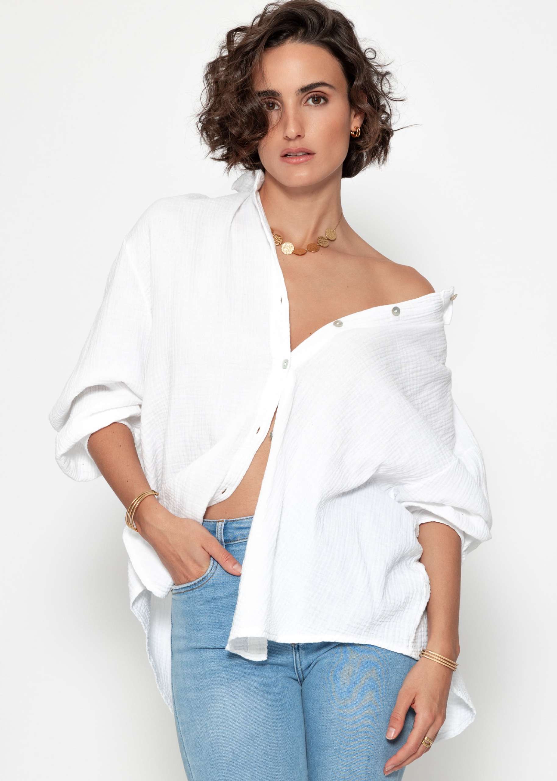 Muslin blouse oversize, short, white