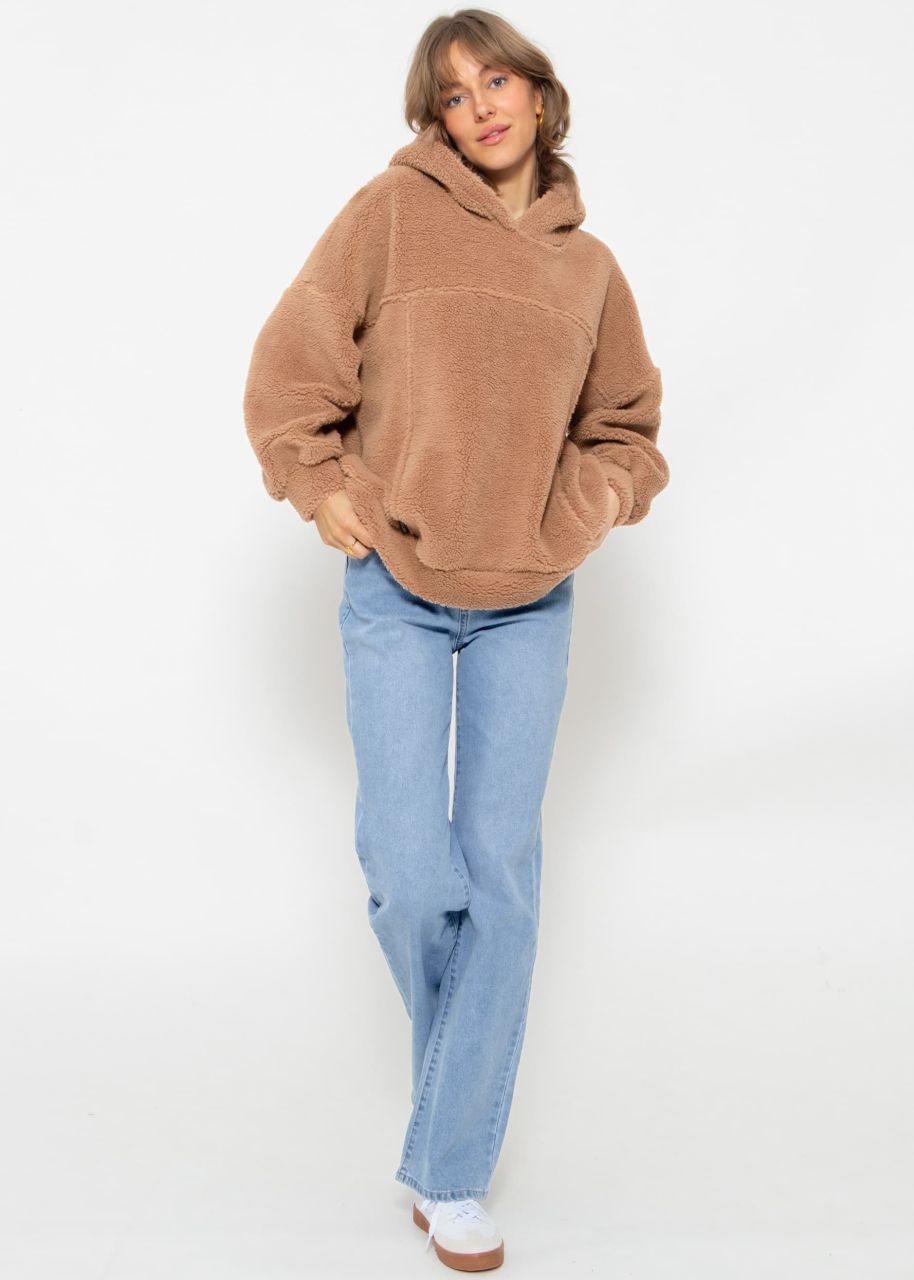 Oversized teddy hoodie with pockets - cappuccino