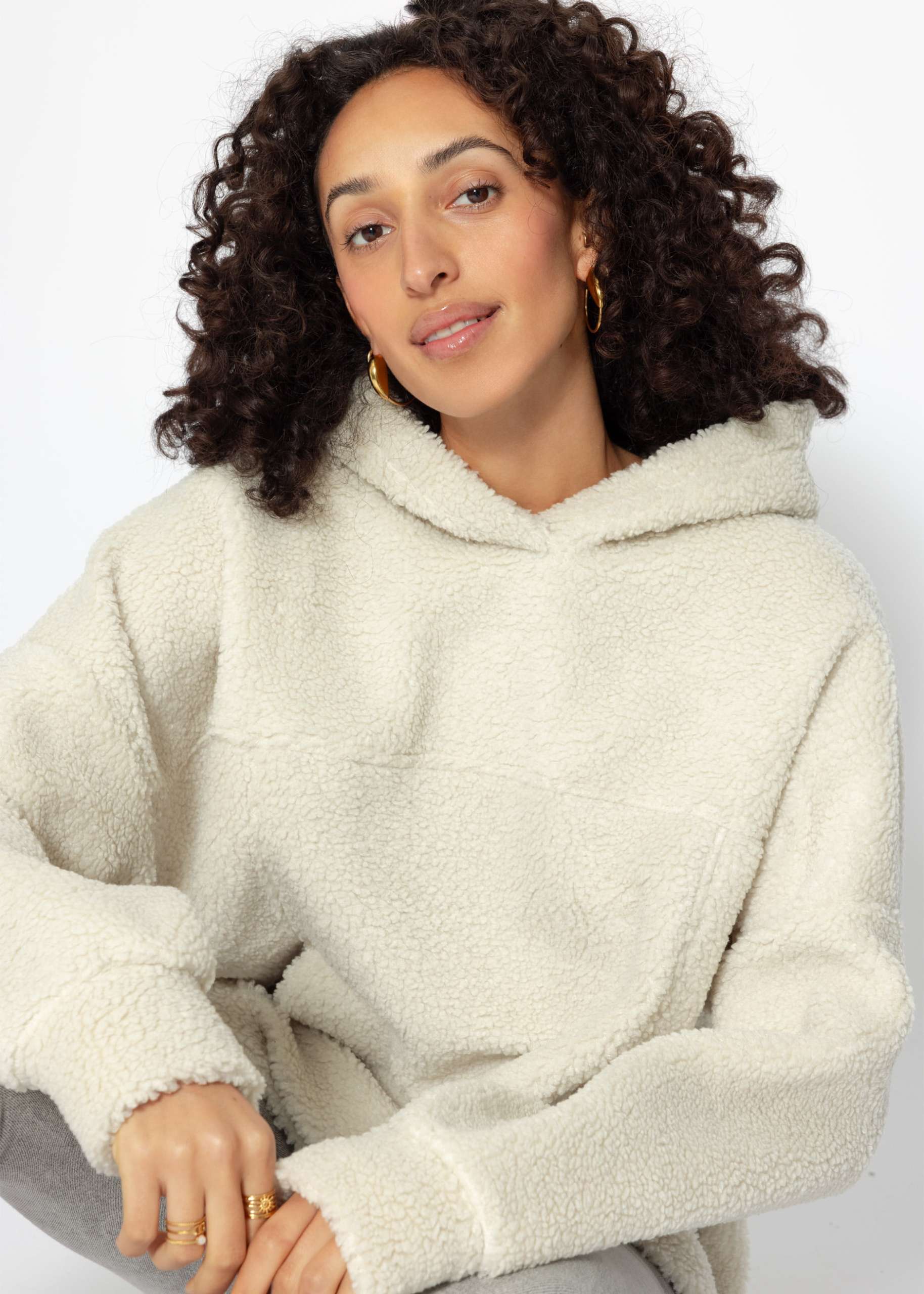 Oversized teddy sweatshirt with hood - offwhite