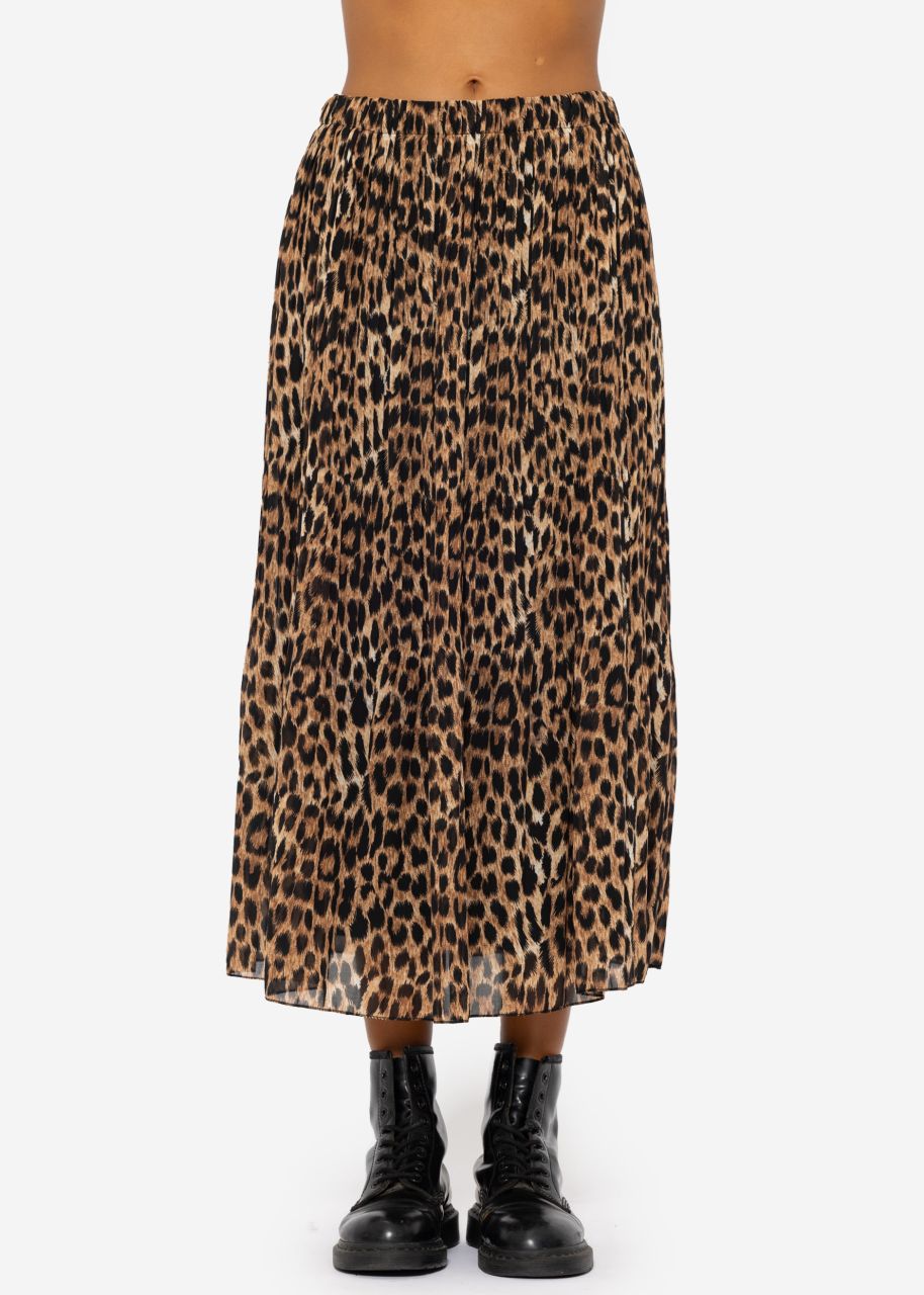 Long pleated chiffon skirt with leopard print in brown