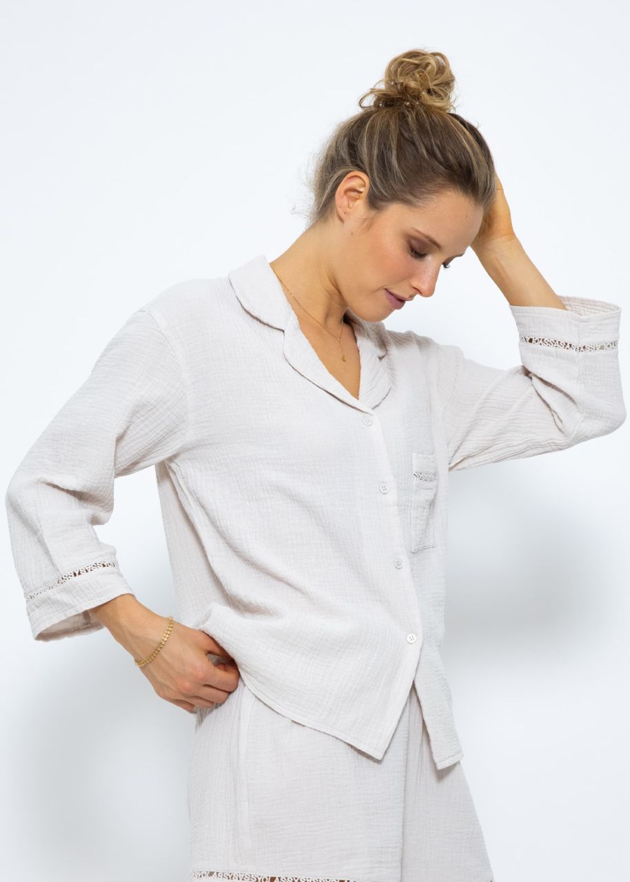 Muslin pyjama blouse with lace trim - light beige