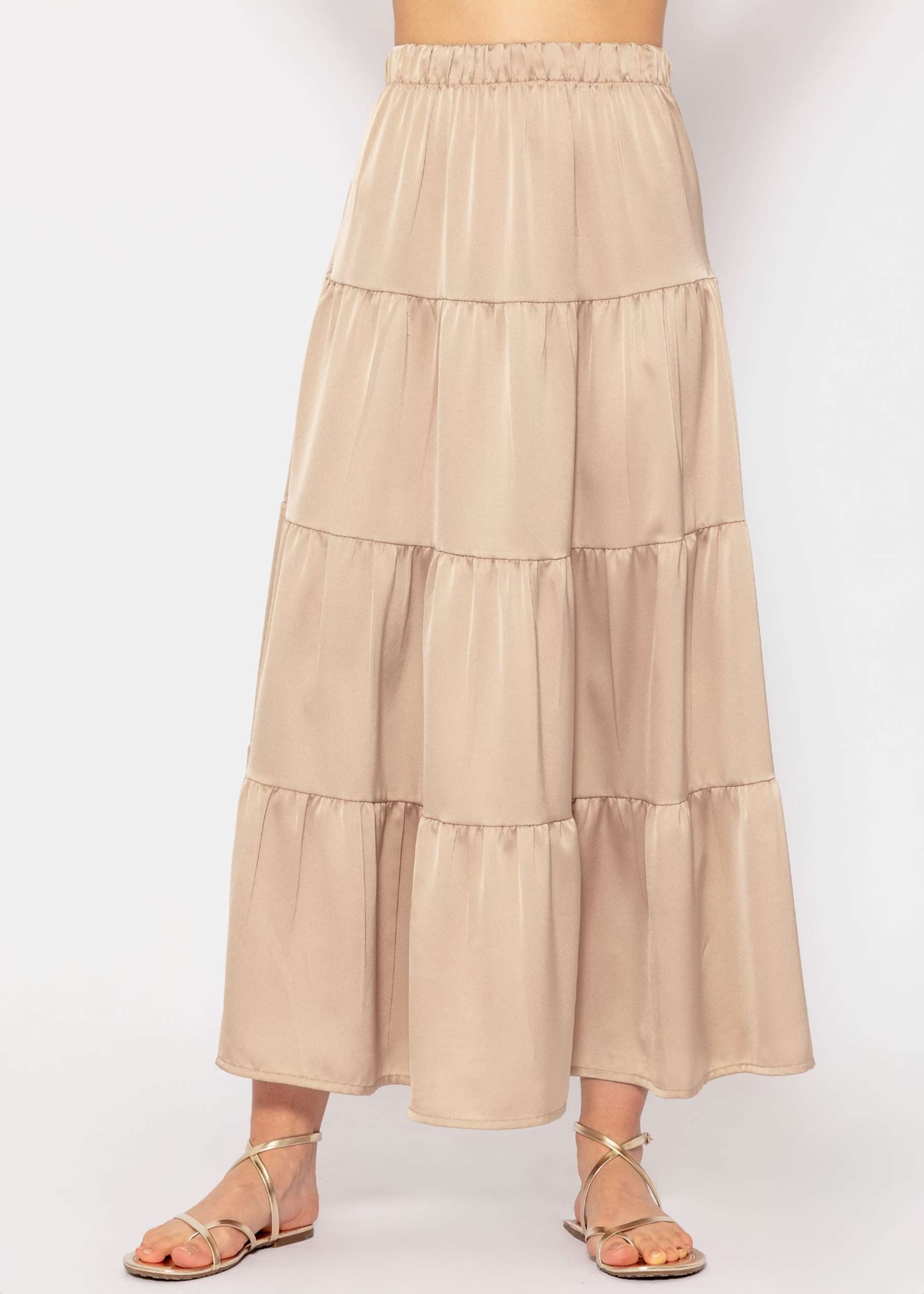 Maxi flounce skirt in satin - beige