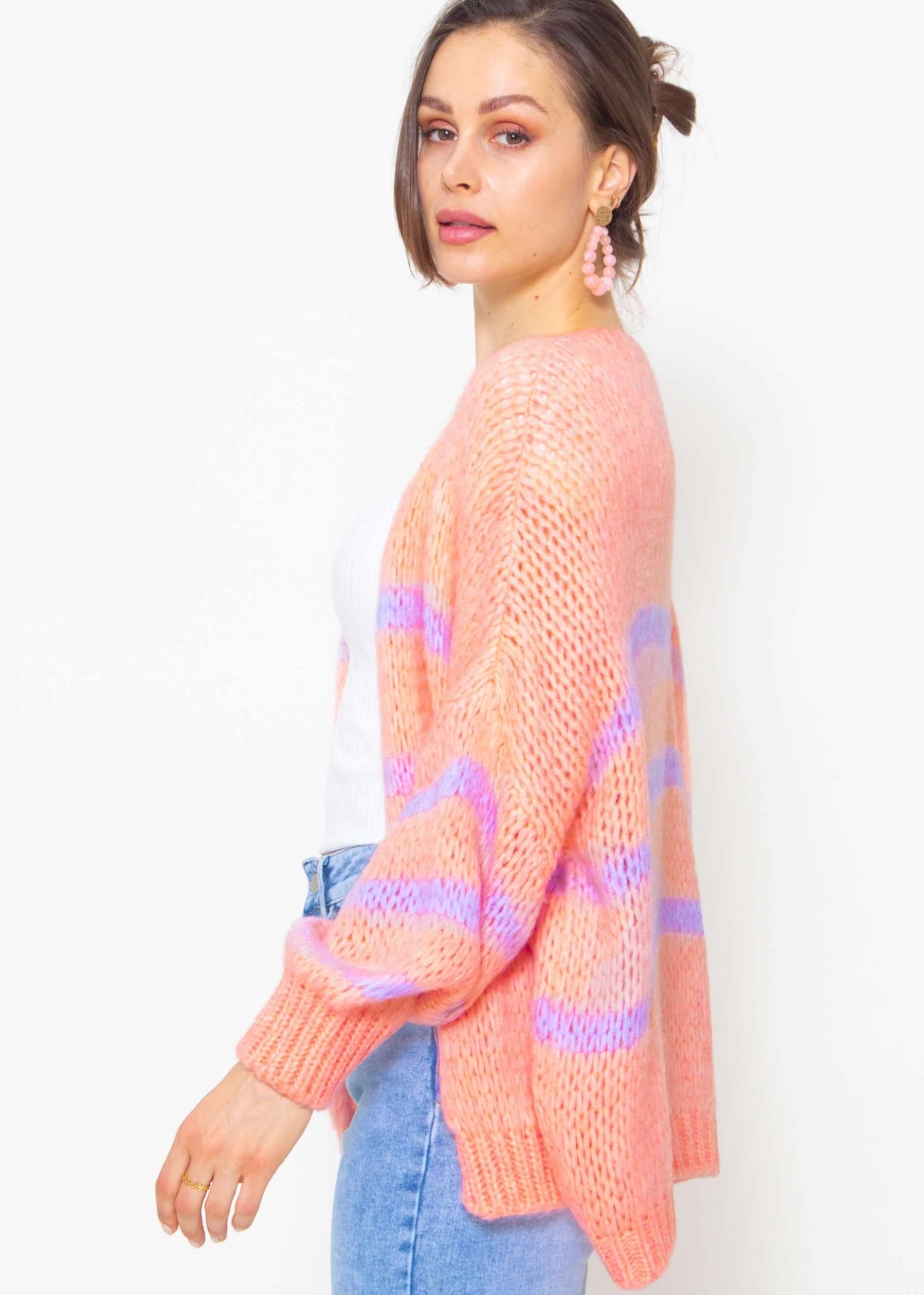 Oversize cardigan with lilac stripes - peach