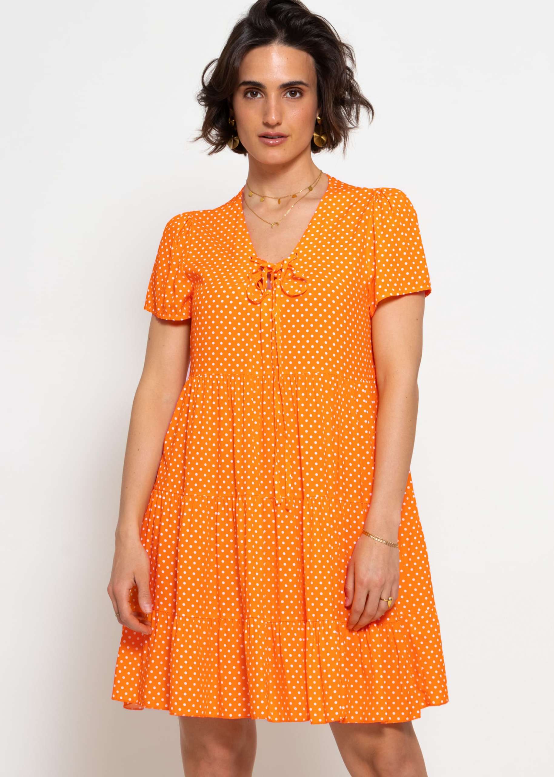 Airy dress with polka dot print - orange