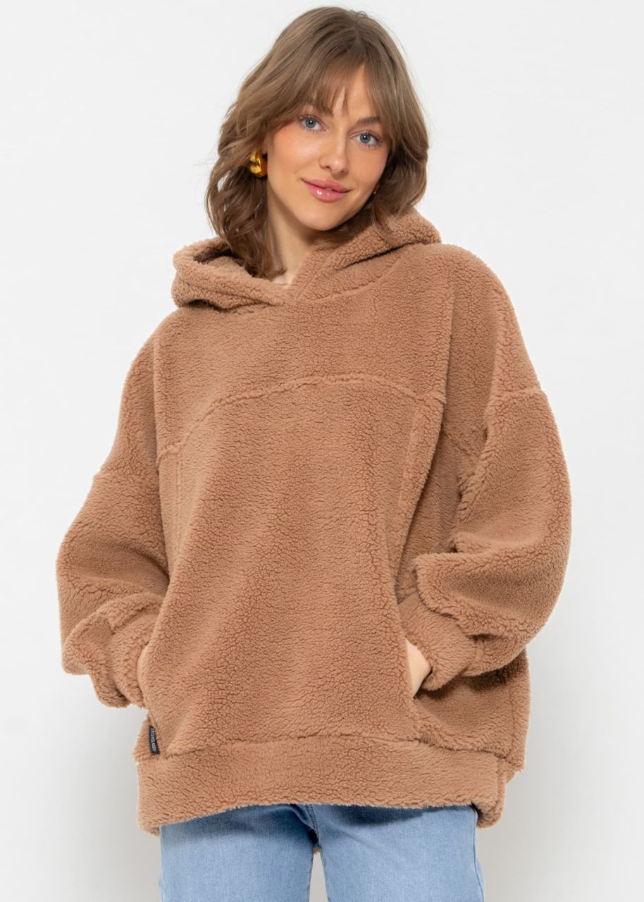 Oversized teddy hoodie with pockets - cappuccino