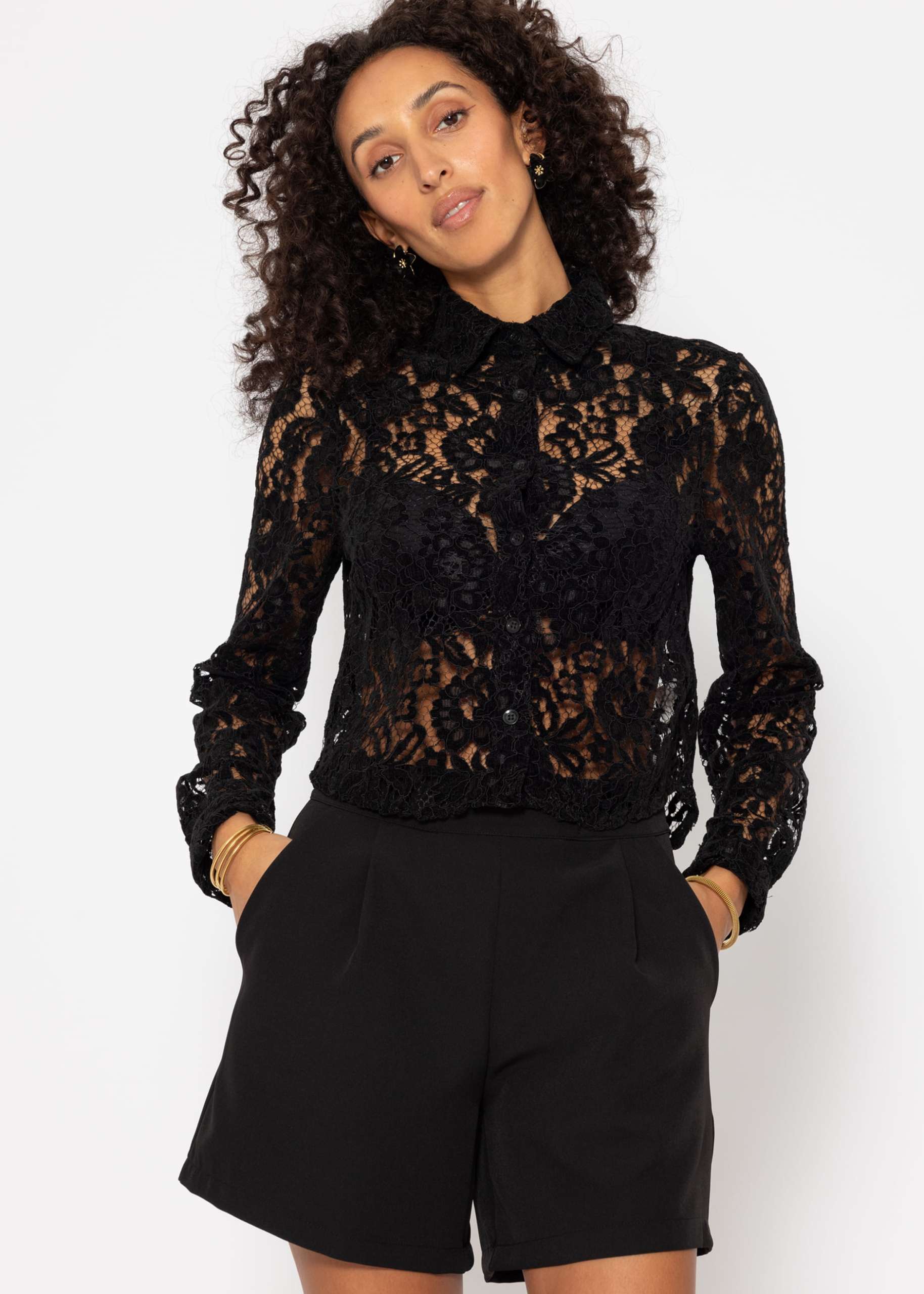 Short lace blouse with velvet effect - black