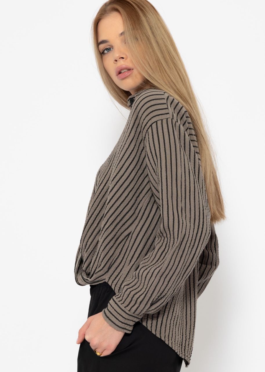 Striped muslin blouse with knot - taupe-black