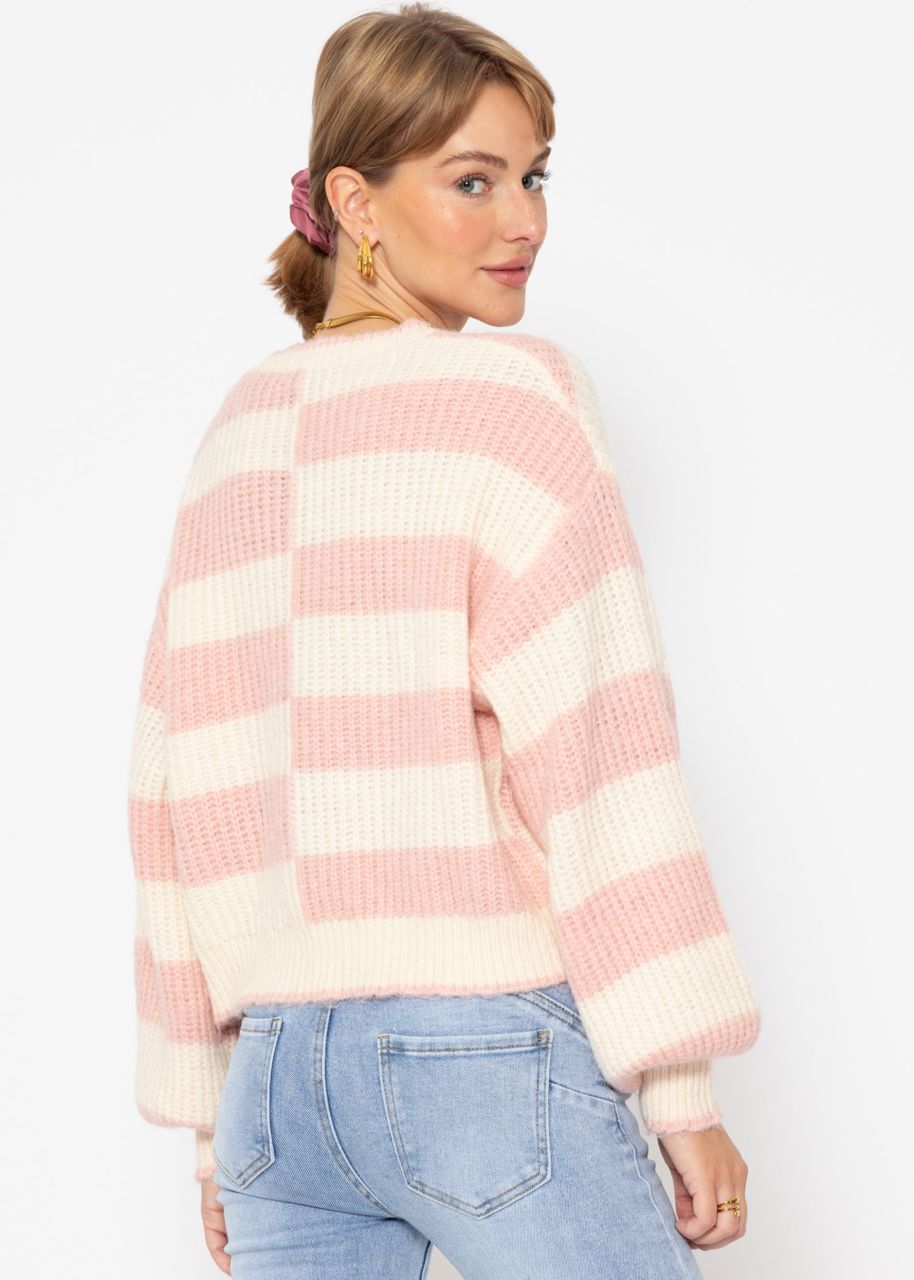 Fluffy sweater with offset block stripes - pink-offwhite