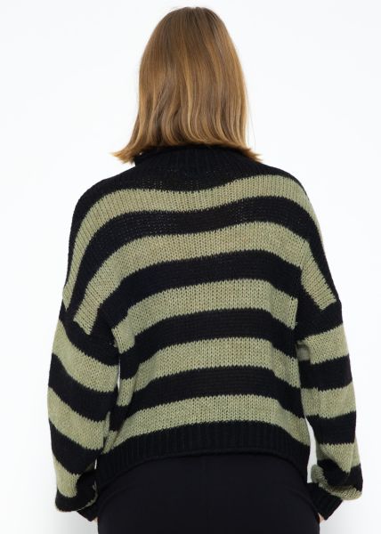 Striped turtleneck sweater, black/khaki