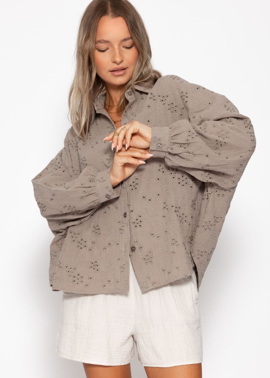 Muslin blouse with eyelet embroidery - taupe