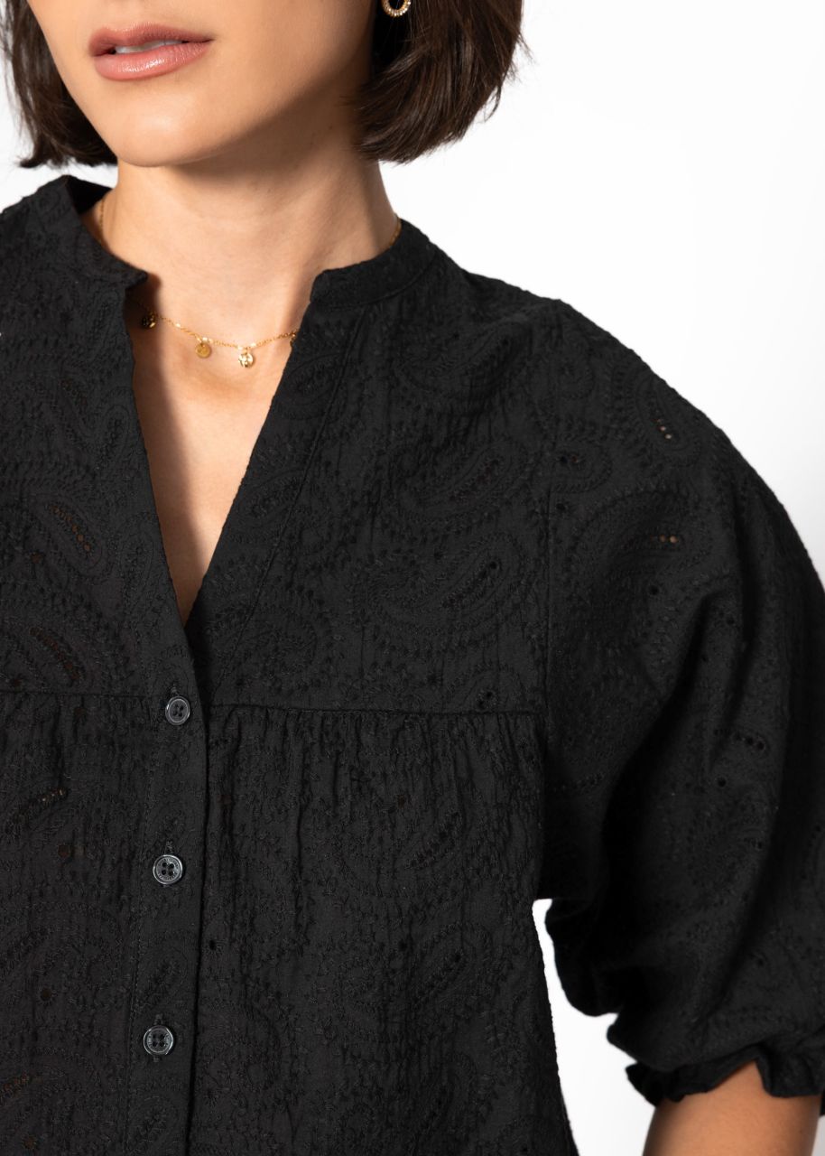 Lace blouse with short balloon sleeves - black
