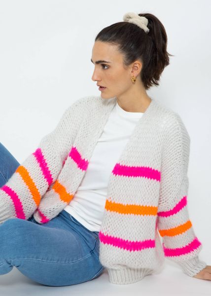 Oversize cardigan with pink and orange stripes, offwhite