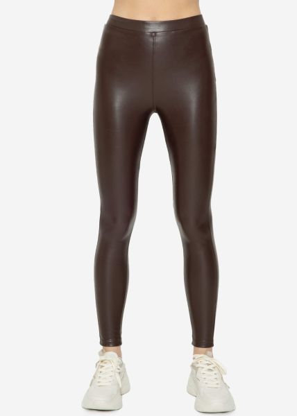 Thermo leather leggings with patch pockets, dark brown