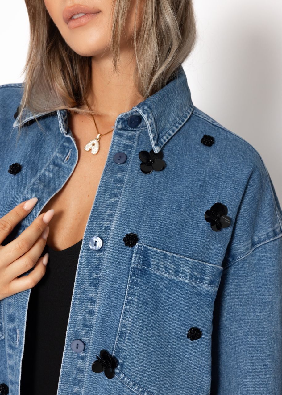 Denim jacket with floral appliqués - blue