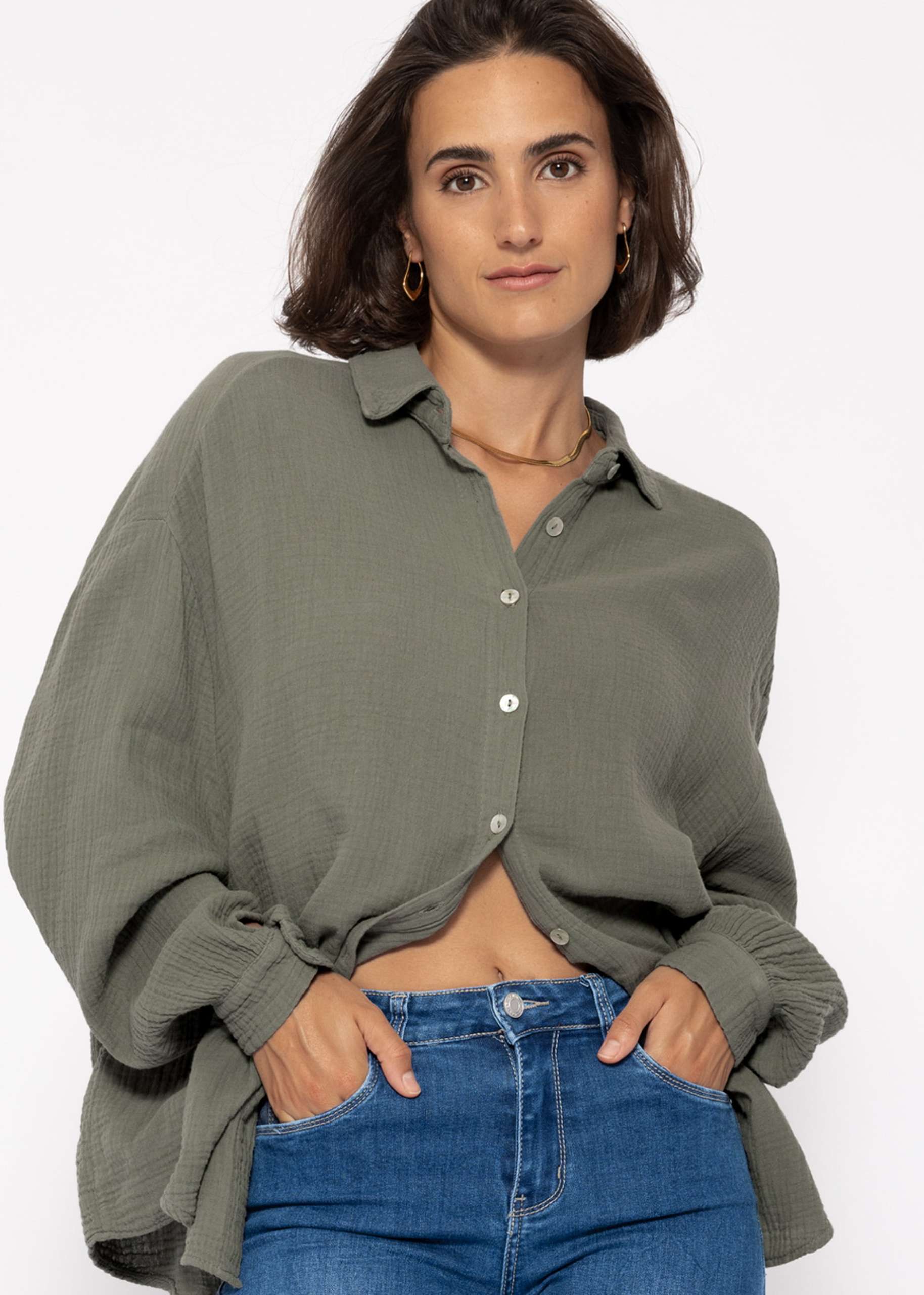 Muslin blouse oversize, short, khaki