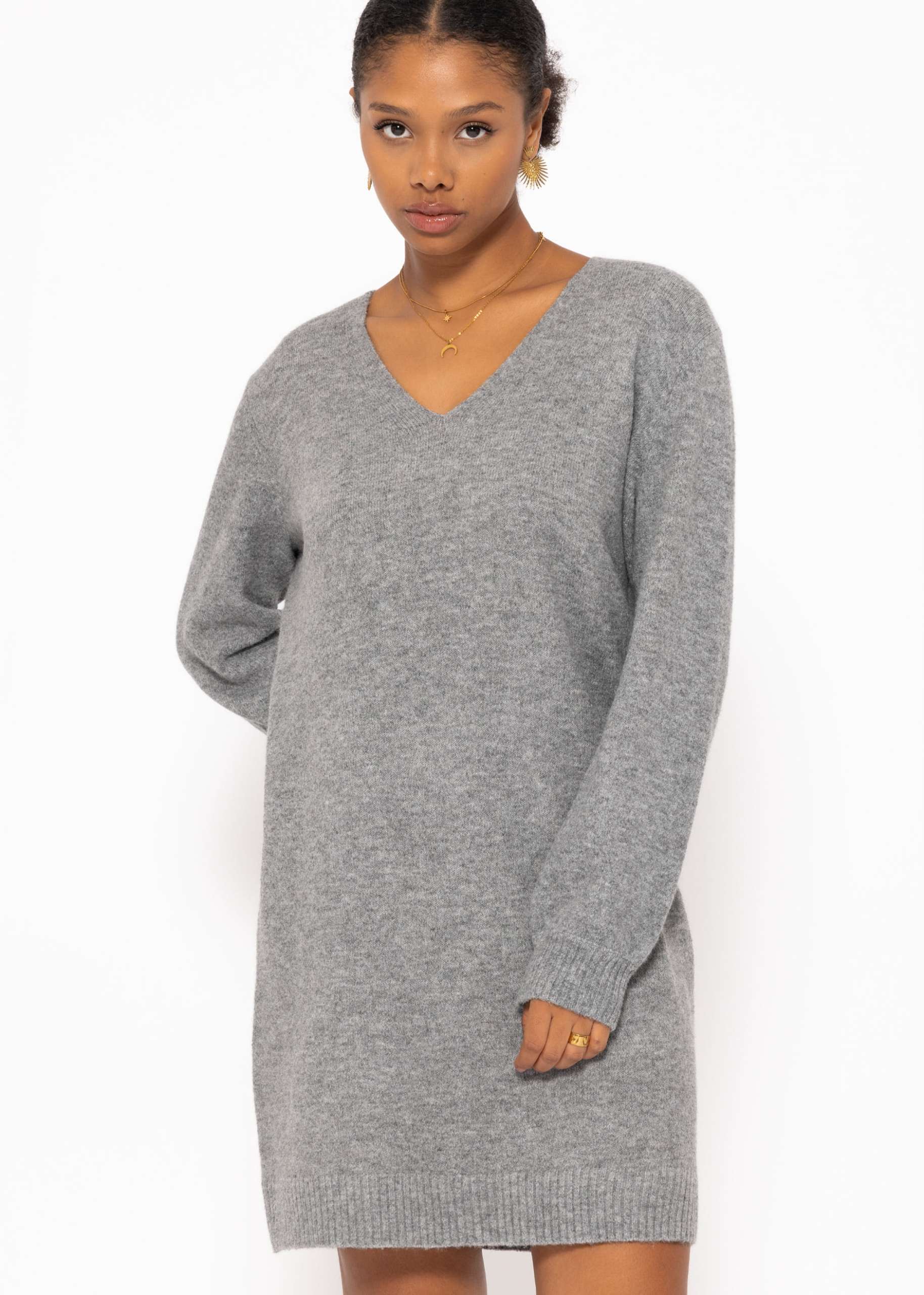 Knitted dress with V-neck - dark gray