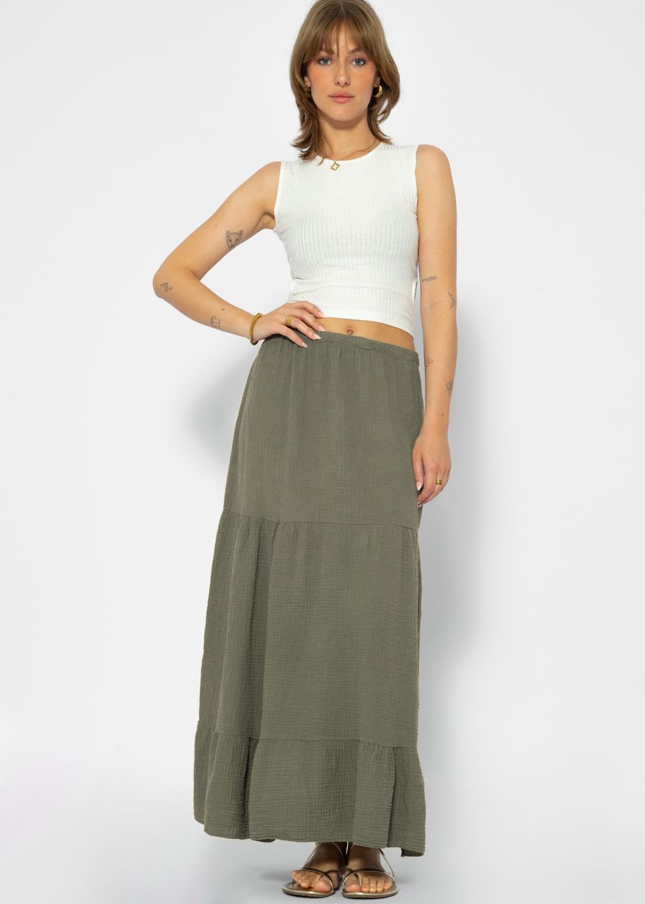 Muslin maxi skirt with flounces - khaki