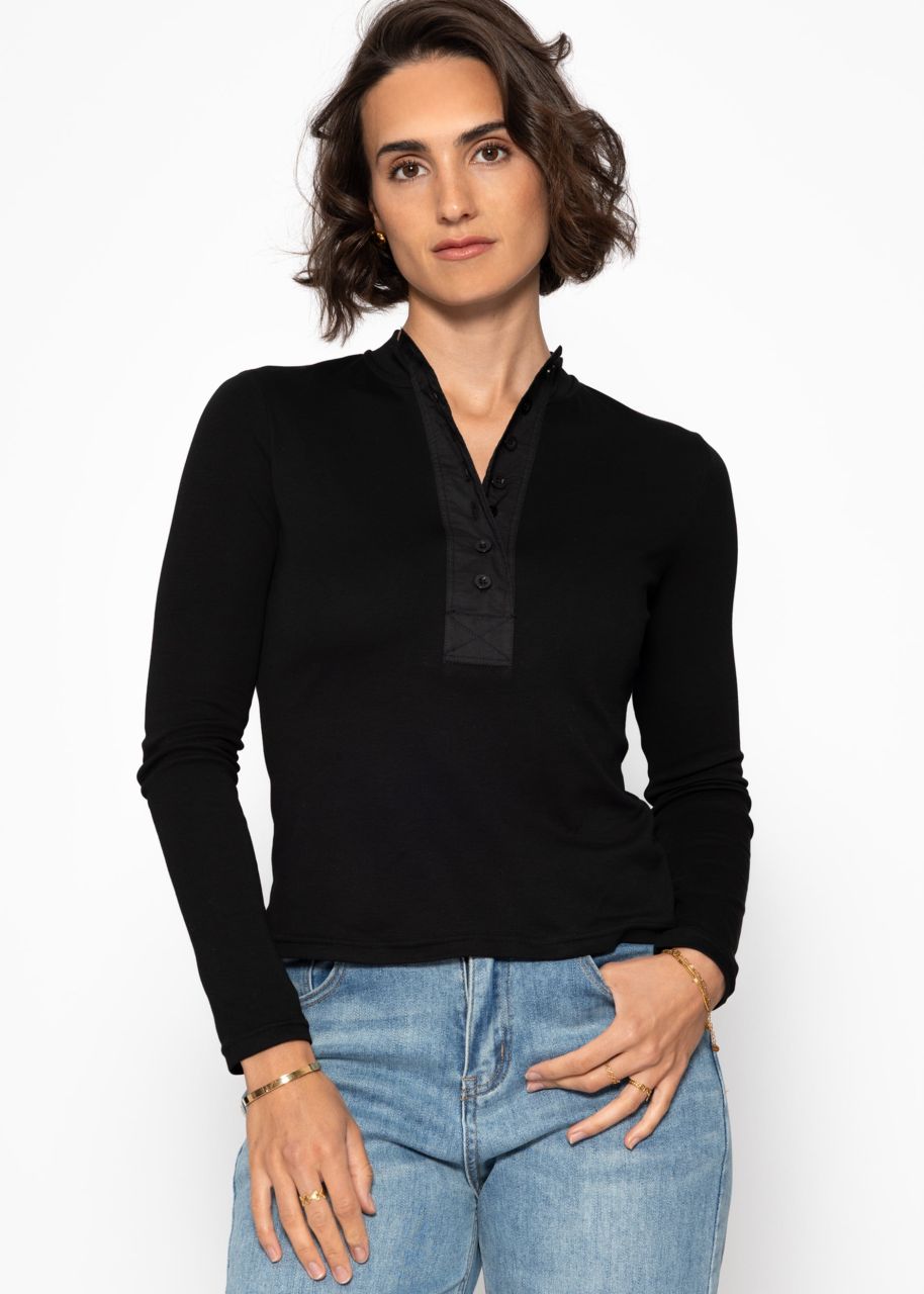 Long sleeve shirt with wide button placket - black