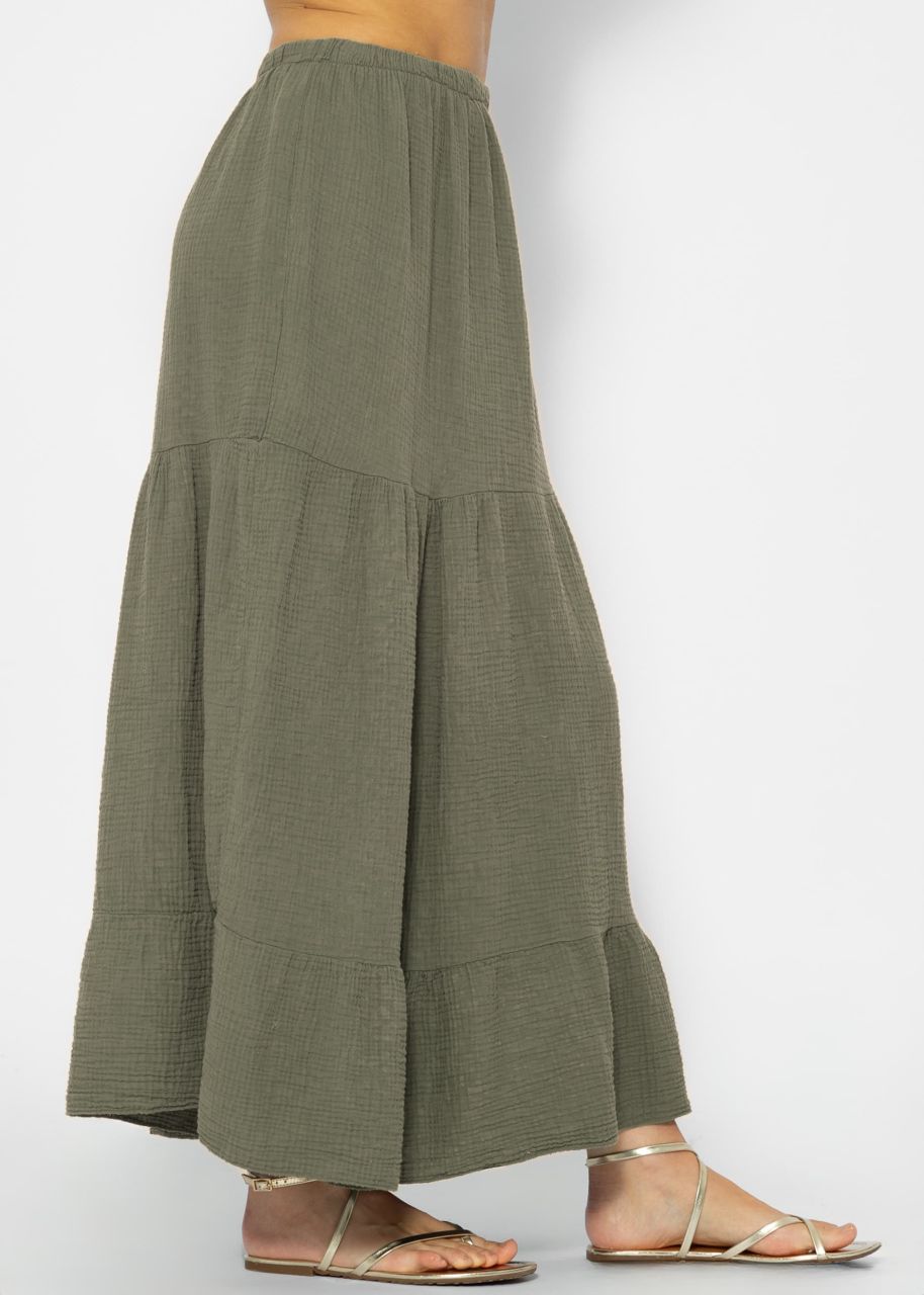 Muslin maxi skirt with flounces - khaki