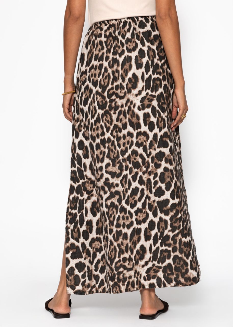 Maxi muslin skirt with slit with leo print - beige