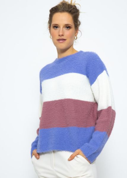 Fluffy jumper with block stripes - purple-offwhite-mauve