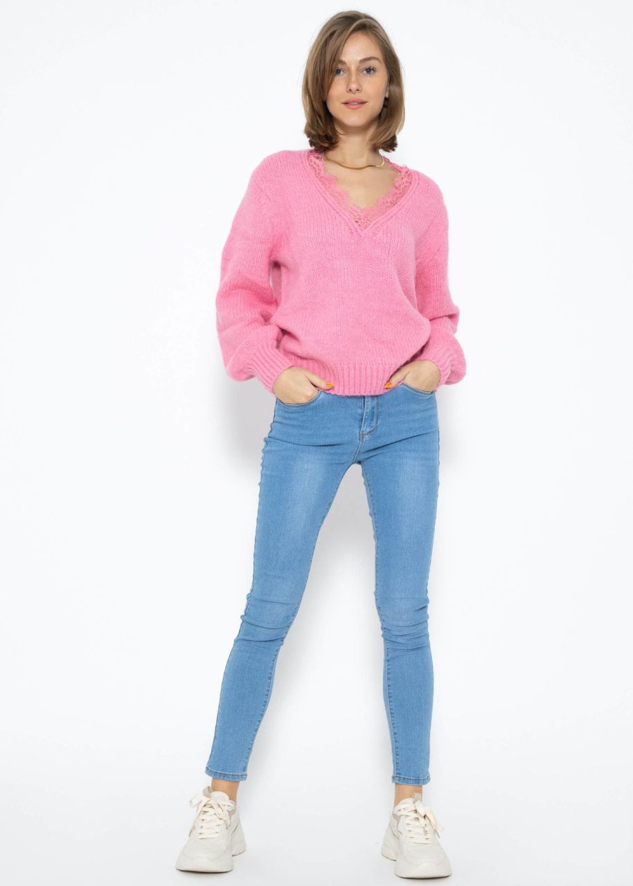 Jumper with lace neckline - pink