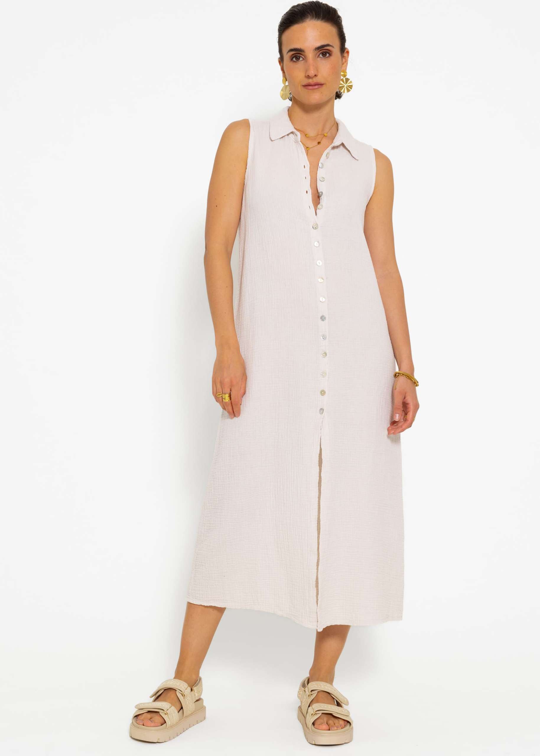 Long sleeveless muslin dress - light beige