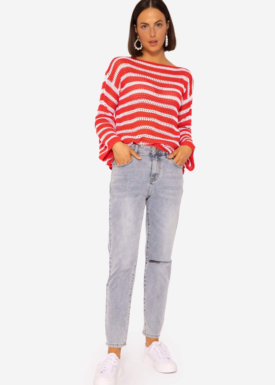 Stripe Crochet Sweater, Red-White