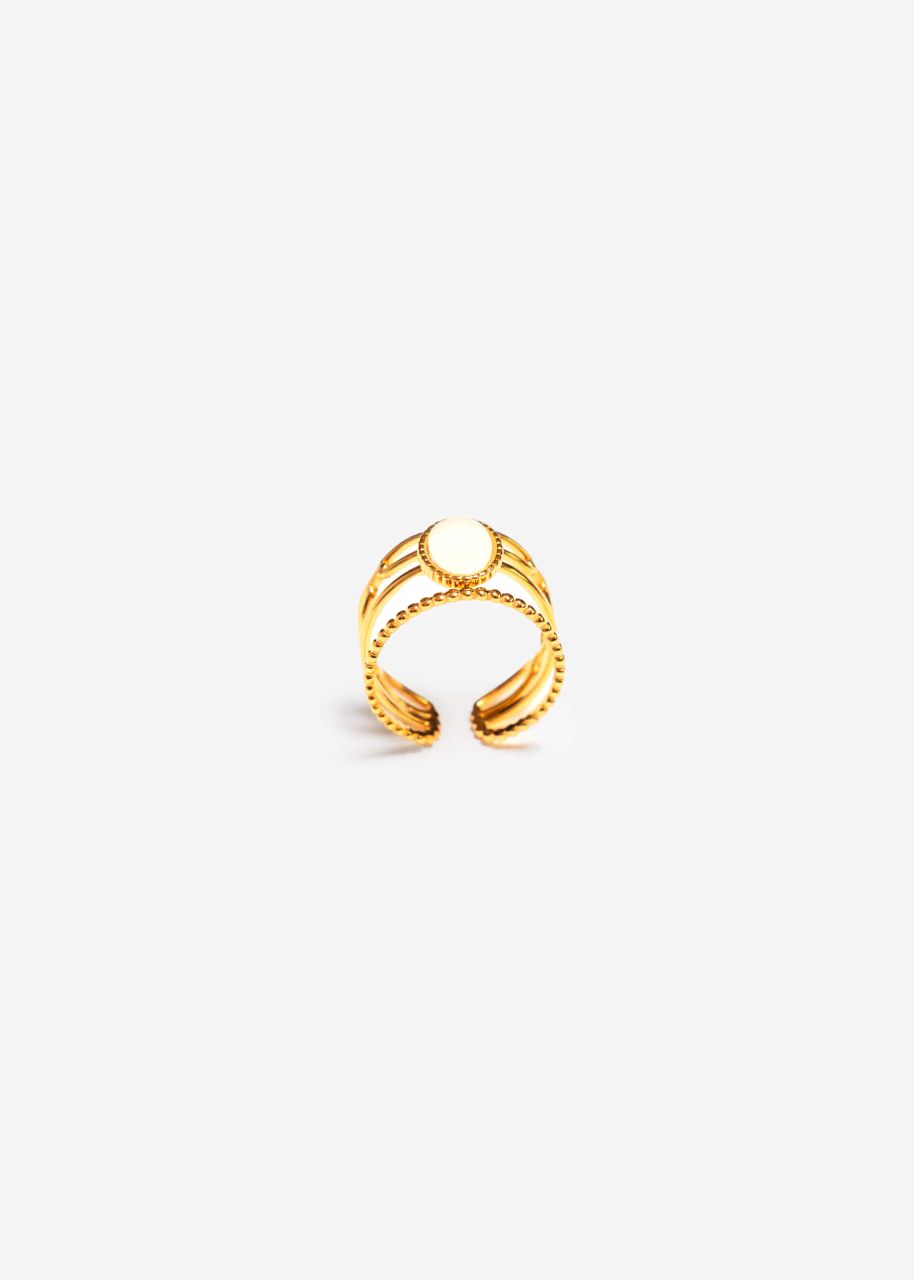 Three-piece ring with whie gemstone - gold