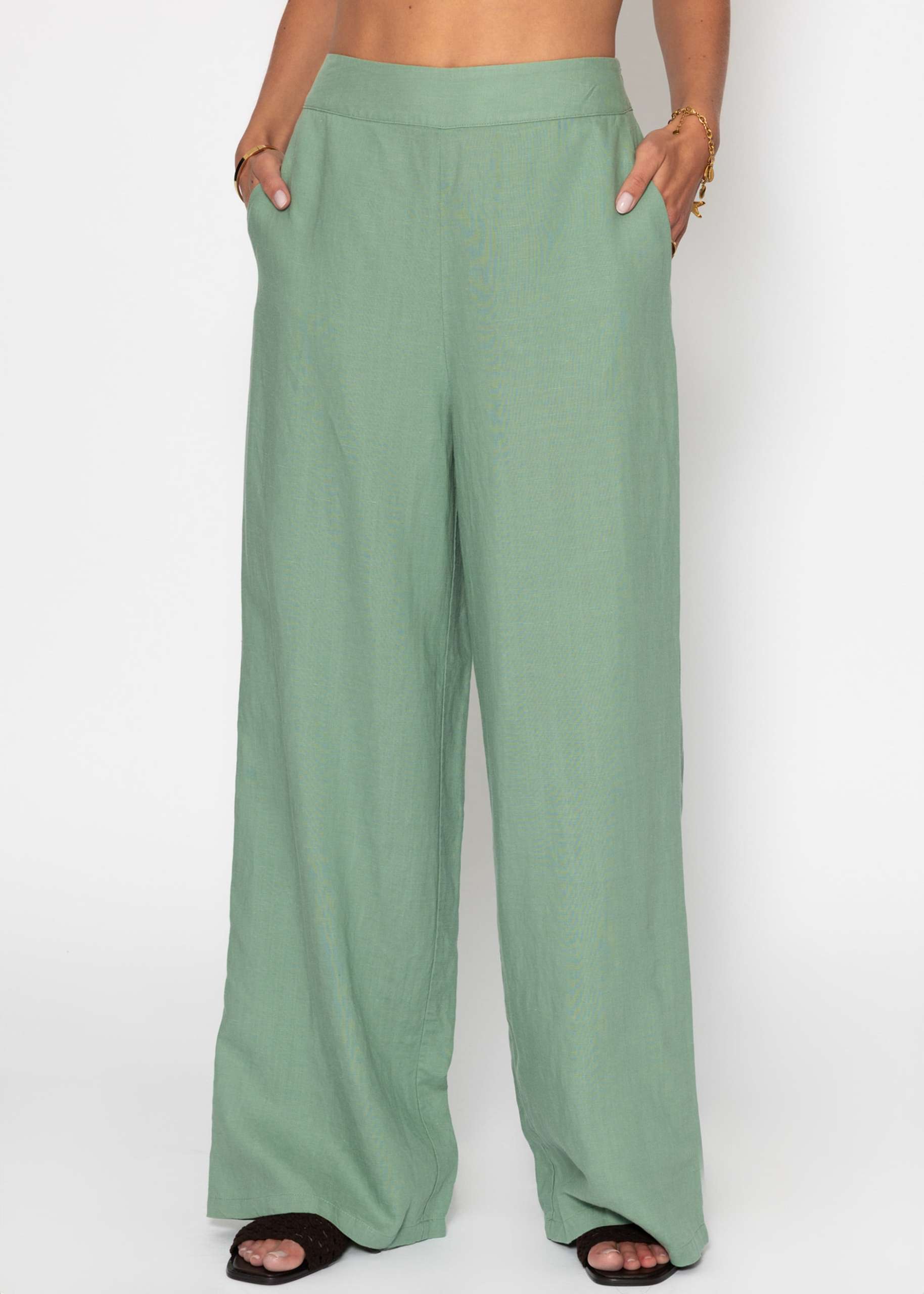 Linen straight-leg trousers - sage green