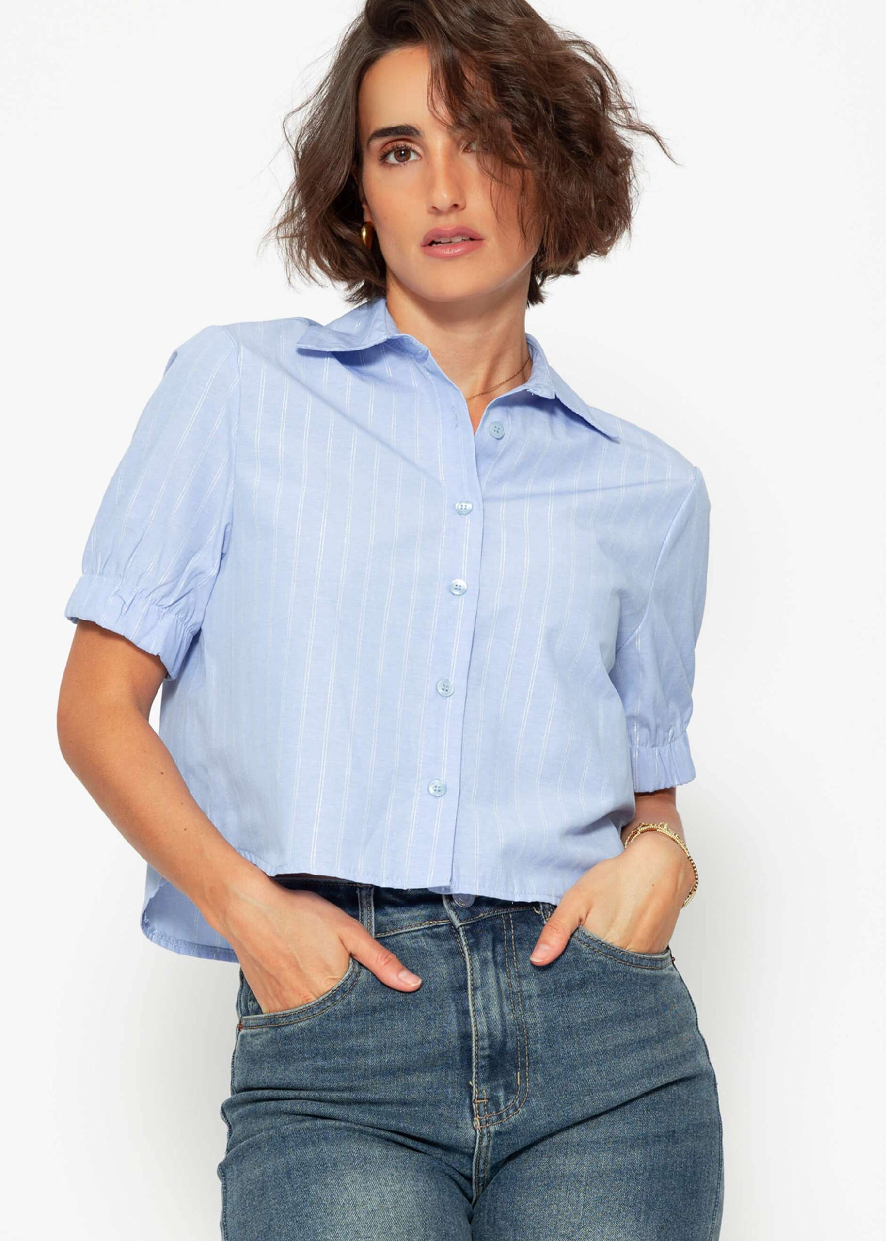 Shorter blouse with lurex stripes - light blue