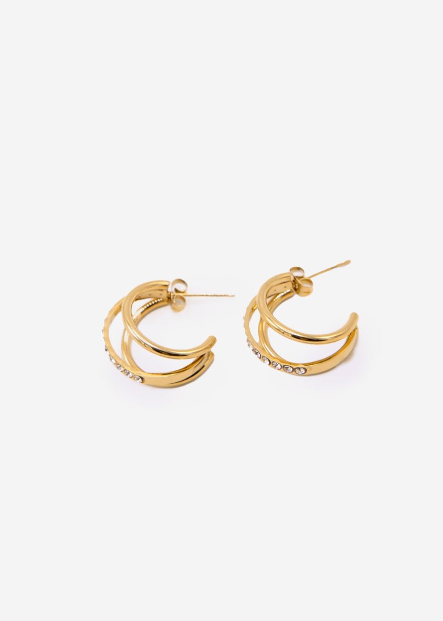 Triple earrings with sparkling stones, gold