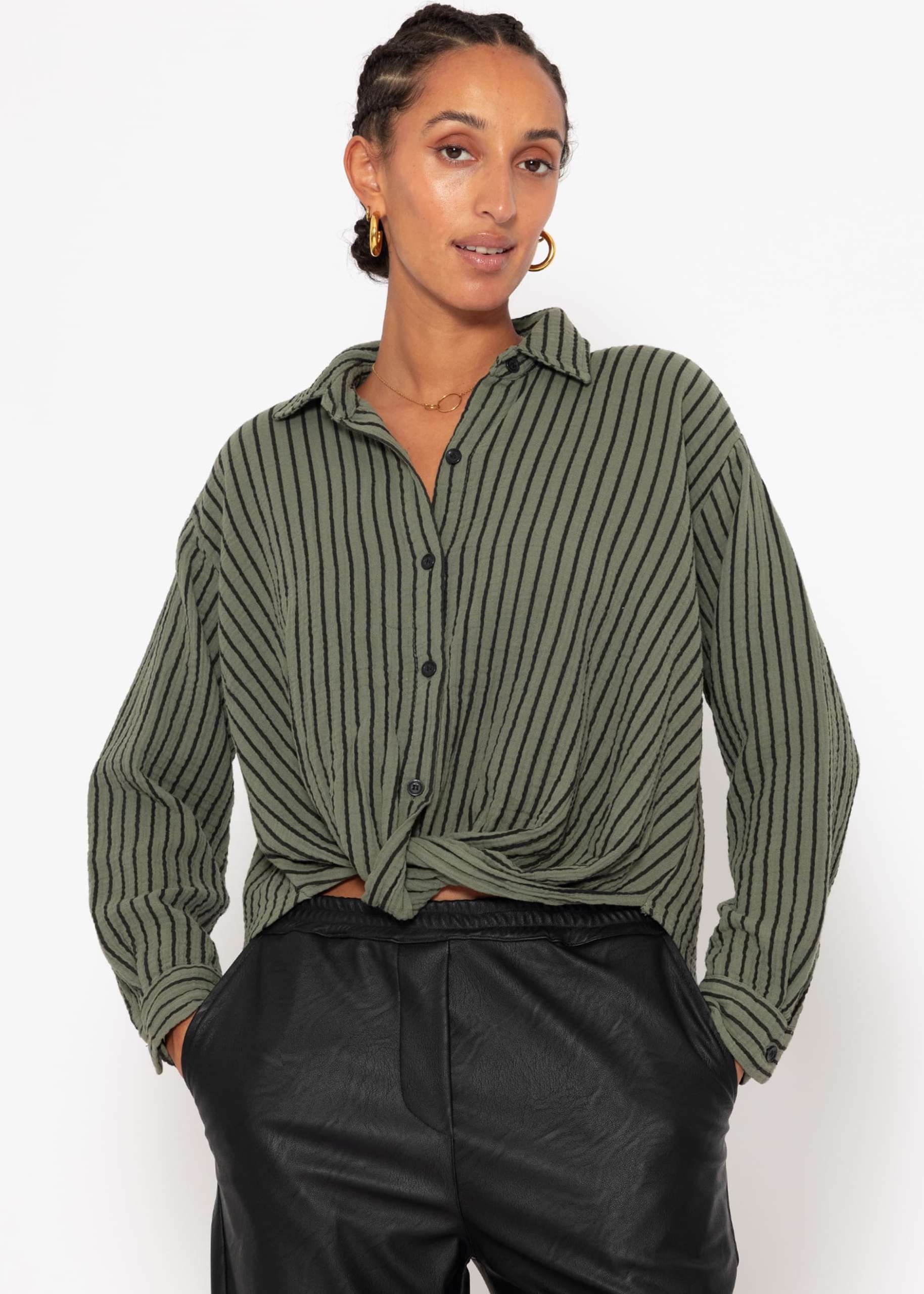 Striped muslin blouse with knot - khaki-black