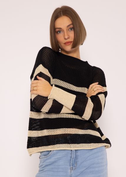 Striped mesh sweater, black/beige