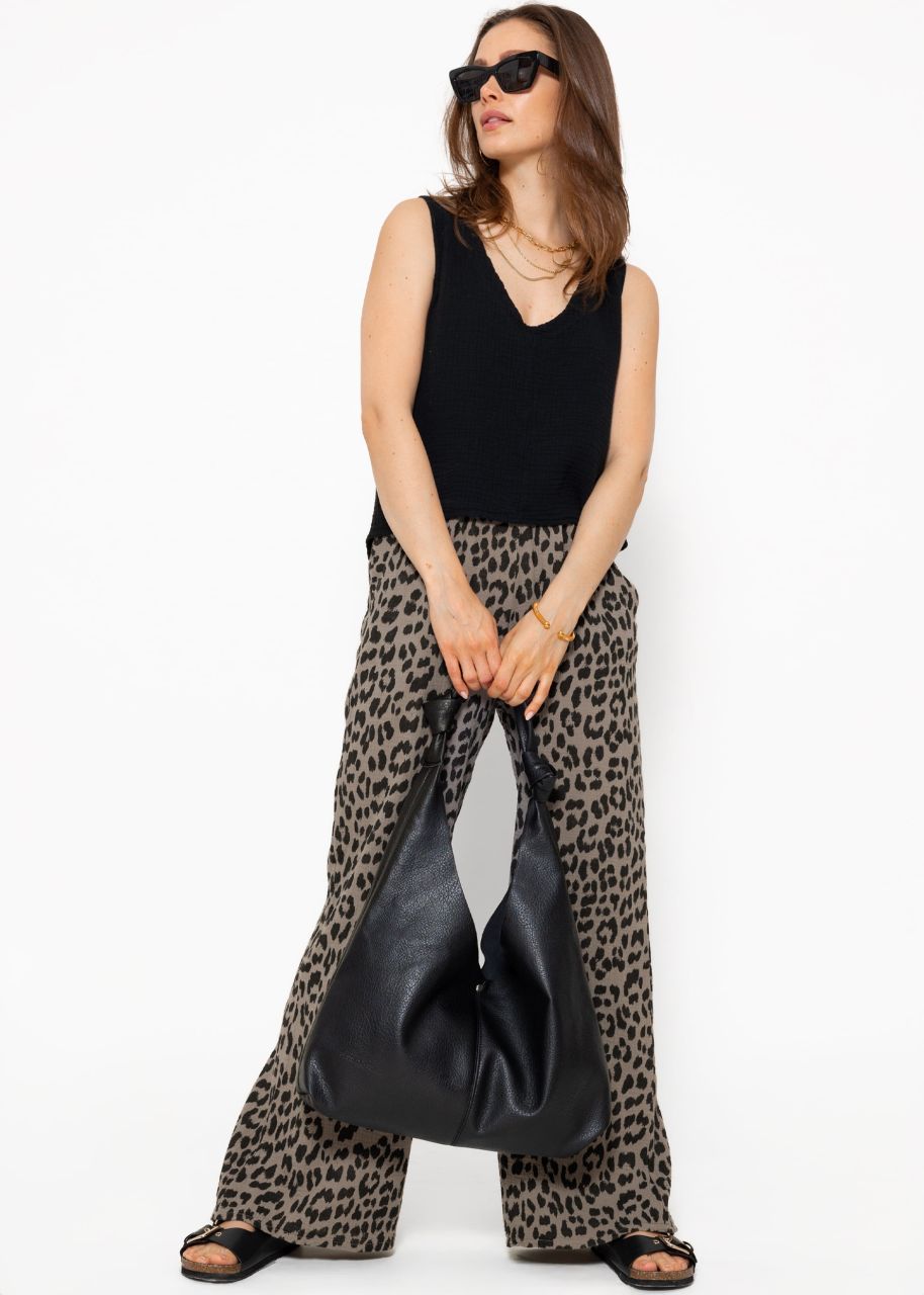 Muslin pants with wide leg in leo print - taupe