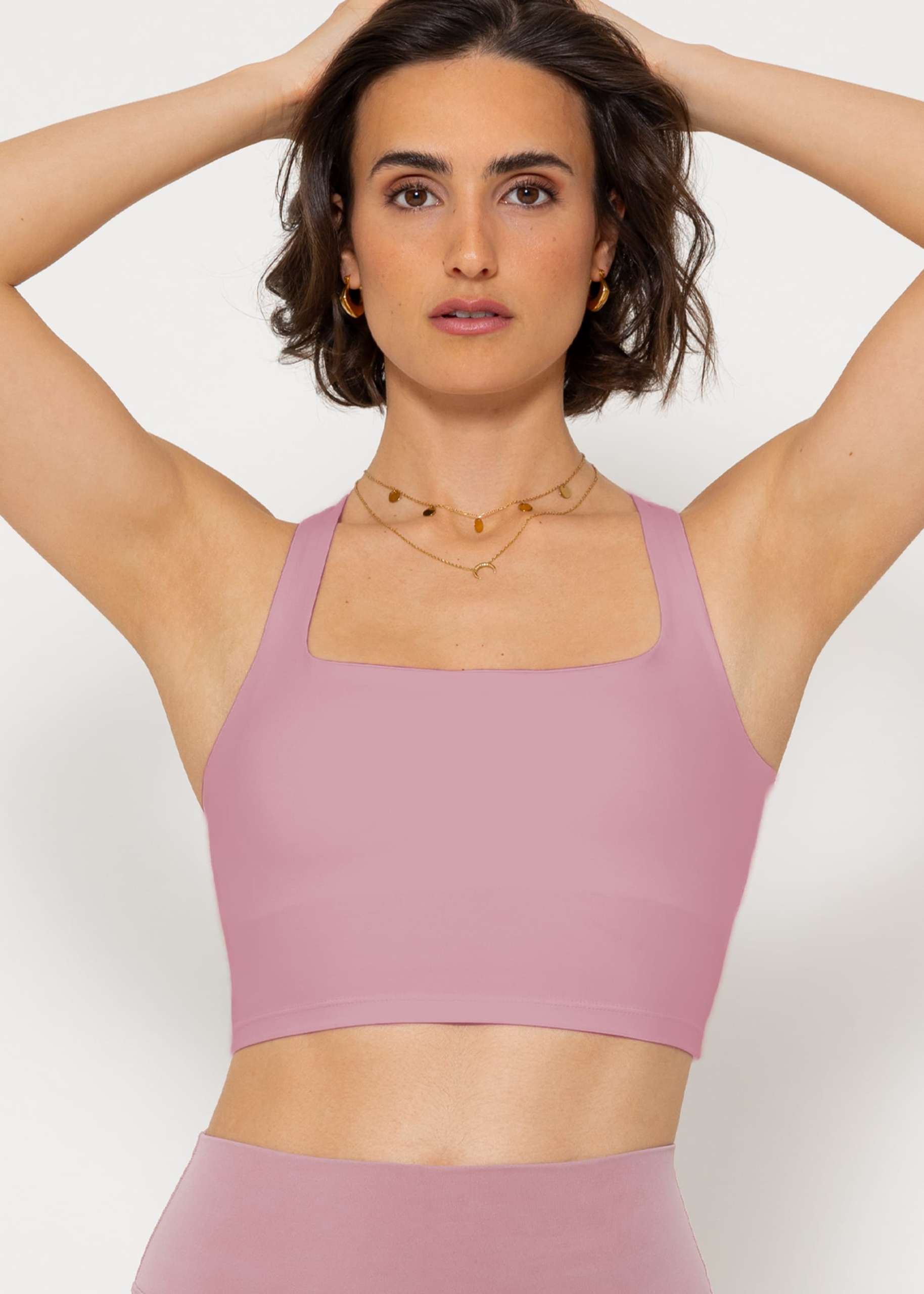 Sports bra with crossed, wide straps - dusky pink