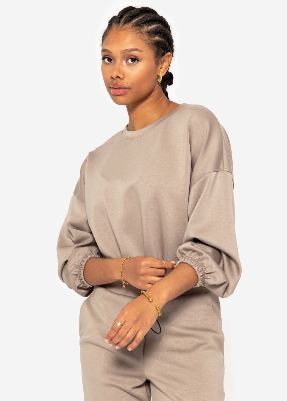 Soft crop sweatshirt with balloon sleeves - taupe