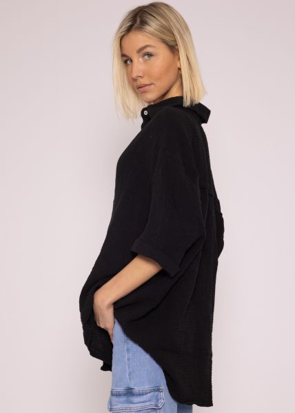 Muslin blouse oversize short sleeve, short, black