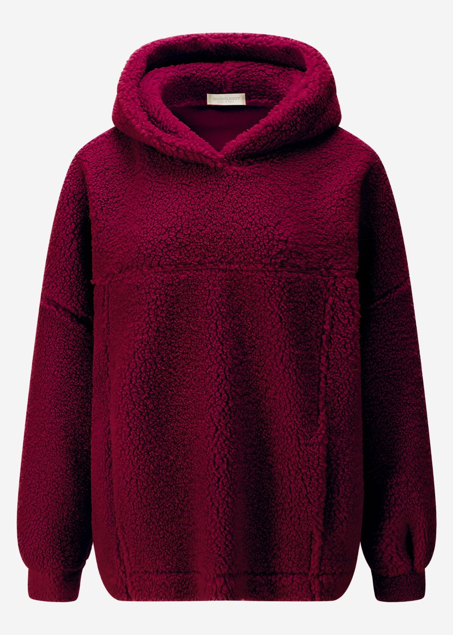 Oversized teddy sweatshirt with hood - burgundy