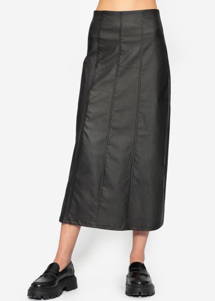 Long leather-look skirt with dividing seams - black