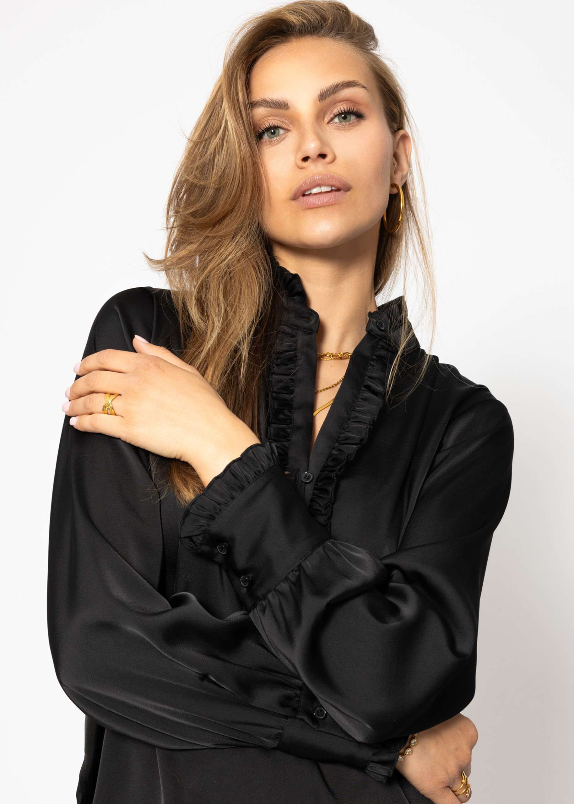 Satin blouse with ruffles - black