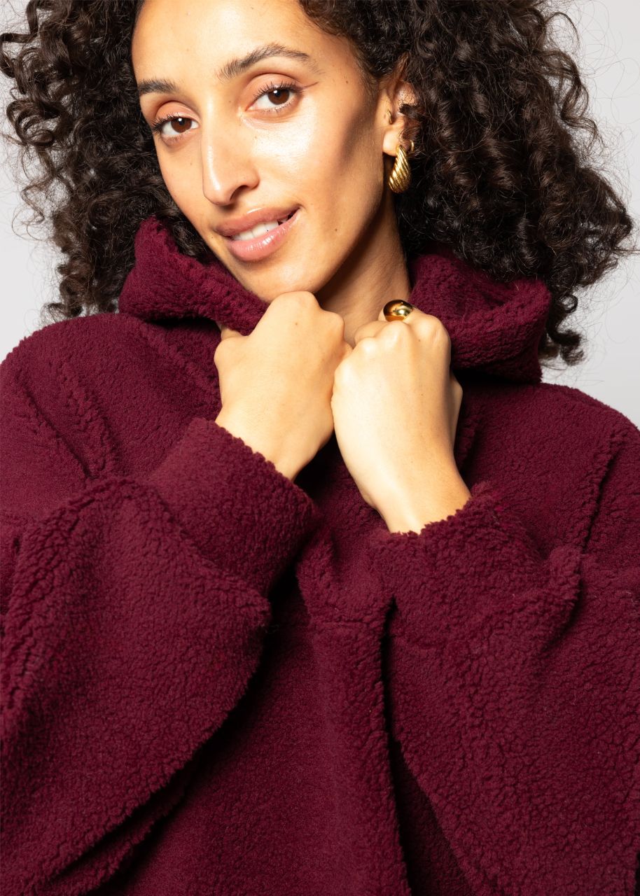 Oversized teddy sweatshirt with hood - burgundy