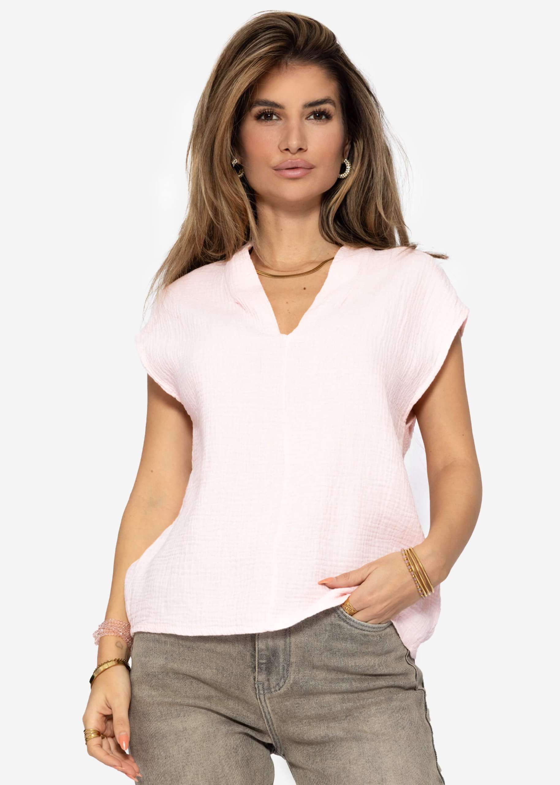 Muslin shirt with V-neck - pink