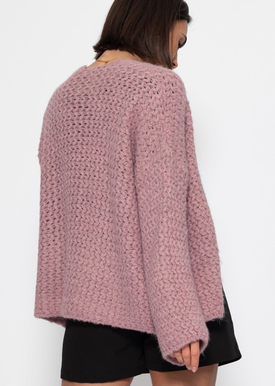 Chunky knit cardigan with trumpet sleeves - powder pink