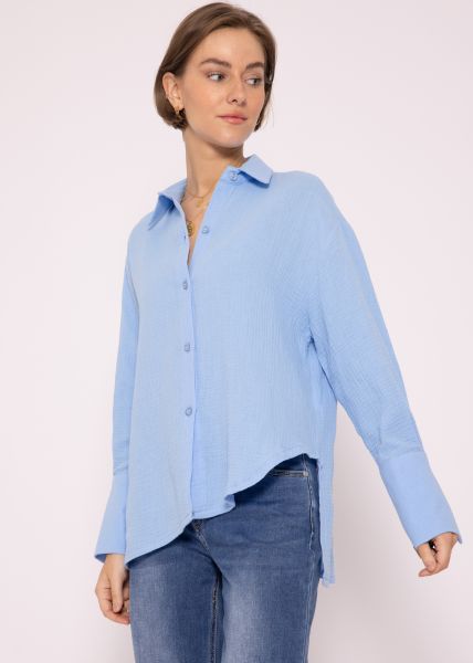 Muslin blouse with asymmetrical hem, blue
